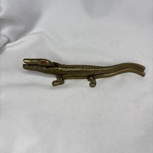Vintage Brass Alligator Crocodile Nutcracker 7"‎ Gold Red Rhinestone Eyes